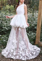 Gorgeous One Shoulder Satin Bodice Contrast Applique Tulle Overlay Wedding Dresses