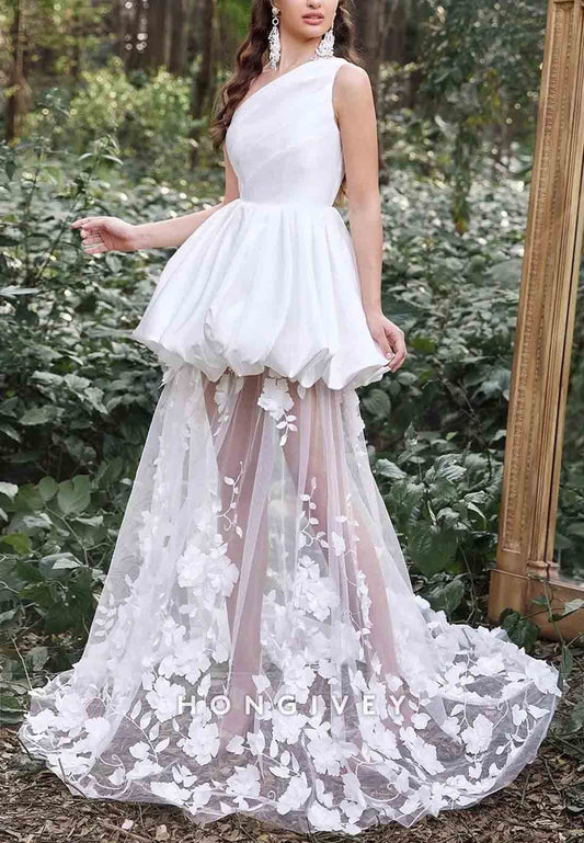 Gorgeous One Shoulder Satin Bodice Contrast Applique Tulle Overlay Wedding Dresses