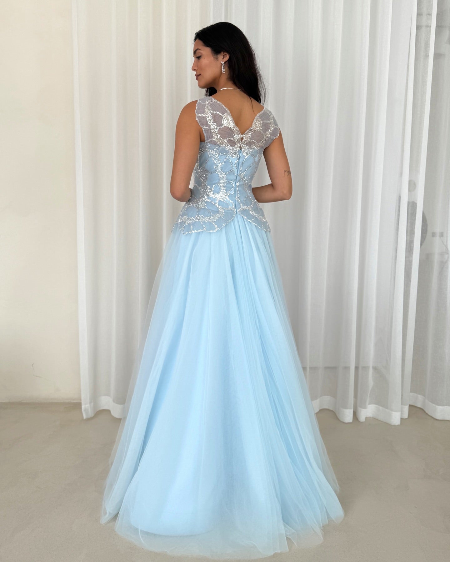 V-Neck Sleevless Blue Lace Sequins Sparkle Tulle A-Line Evening Dress