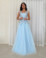 V-Neck Sleevless Blue Lace Sequins Sparkle Tulle A-Line Evening Dress