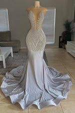 Silver Scoop Sleeveless Mermaid Prom Dresses With Beadings Long On Sale