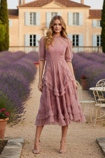 Pink High Neck Ruffle Tiered A-Line Midi Dress