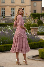 Pink High Neck Ruffle Tiered A-Line Midi Dress