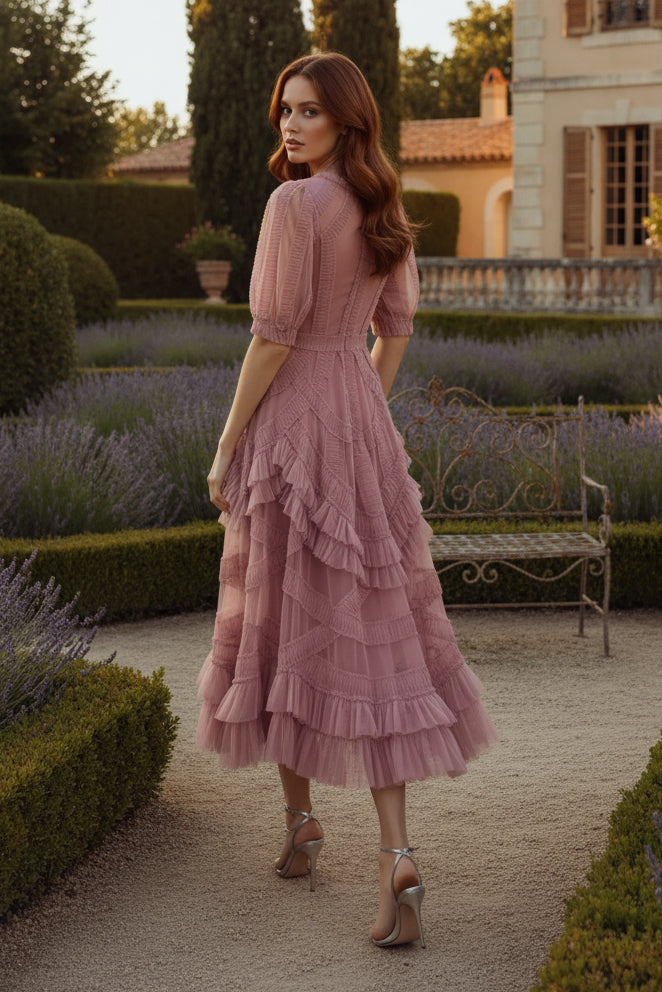 Pink High Neck Ruffle Tiered A-Line Midi Dress