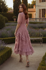 Pink High Neck Ruffle Tiered A-Line Midi Dress