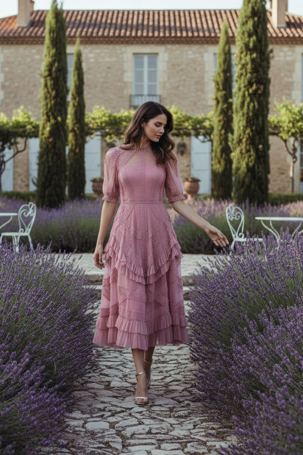 Pink High Neck Ruffle Tiered A-Line Midi Dress