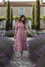 Pink High Neck Ruffle Tiered A-Line Midi Dress