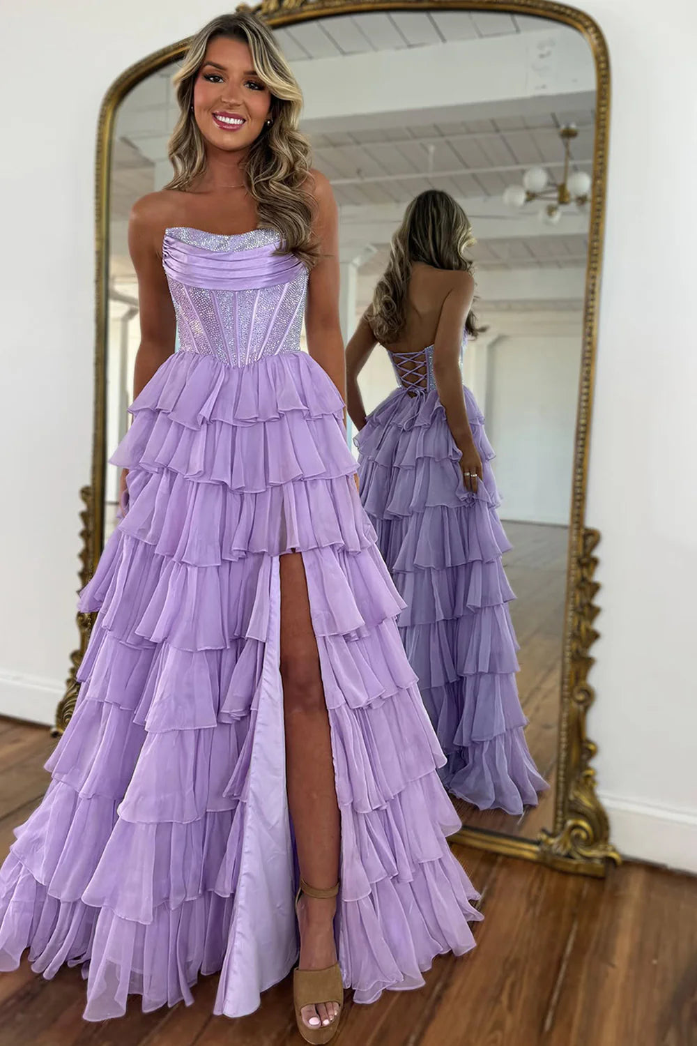 Gorgeous A Line Strapless Daffodial Tiered Chiffon Prom Evening Dresses with Hot Stone