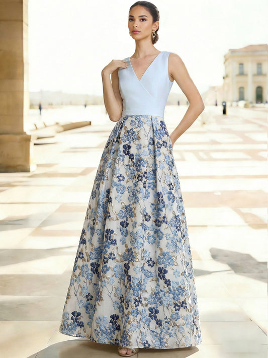 Elegant Evening Gown Jacquard Floral Dress Floor Length Sleeveless V-Neck Wedding Guest Dress