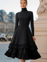 High-Neck A-Line Tiered Ruffle Midi Evening Dress