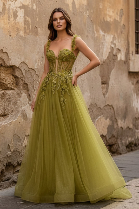 A-Line Olive Sweetheart Tulle Long Prom Dresses with Lace Appliques