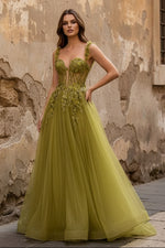 A-Line Olive Sweetheart Tulle Long Prom Dresses with Lace Appliques