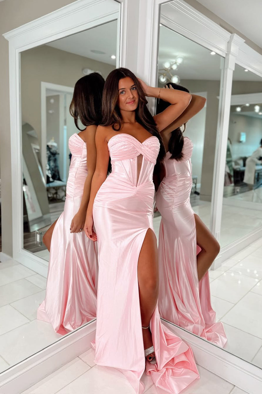 Mermaid Sweetheart Keyhole Light Pink Silk Satin Long Prom Dresses with Side Slit