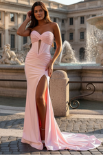 Mermaid Sweetheart Keyhole Light Pink Silk Satin Long Prom Dresses with Side Slit