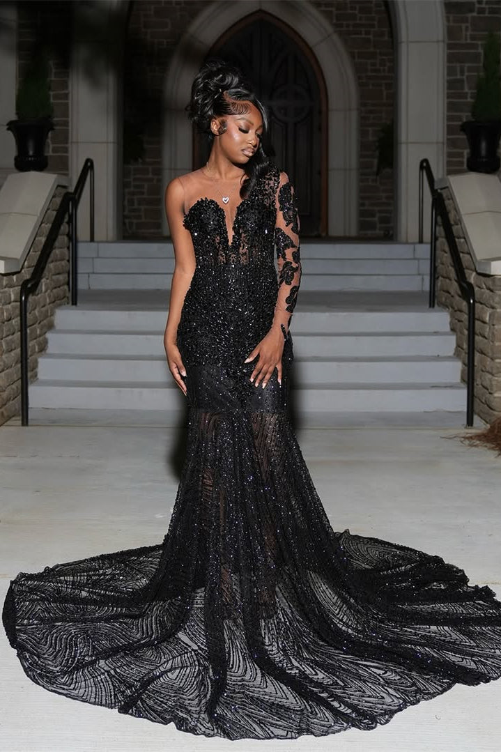 Modern Black Scoop One Shoulder Long Sleeve Prom Dress Mermaid Sequins With Beadings