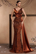 Sparkly Floral Brown Mermaid V-Neck Long Mother of the Bride Dress with Side