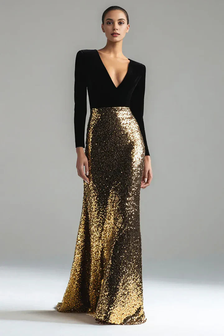 Sparkly Mermaid/Trumpet V-Neck Long Sleeve Velvet Sweep/Brush Train Evening Dress