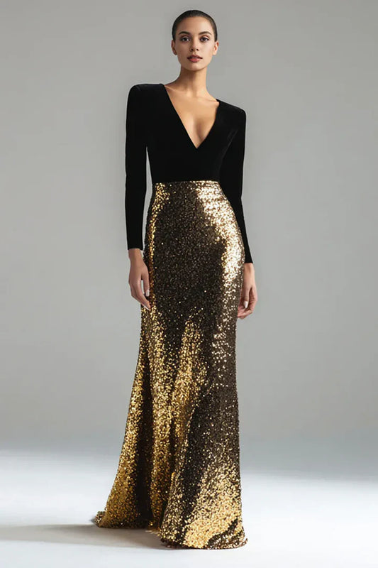 Sparkly Mermaid/Trumpet V-Neck Long Sleeve Velvet Sweep/Brush Train Evening Dress
