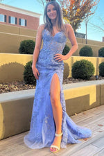 Elegant Mermaid Strapless Prom Dress with Lace Appliques and Slit