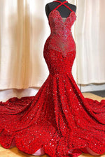 Red Halter Sleeveless Mermaid Sequins Prom Dress Long With Beadings