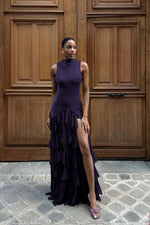 High Neck Sleeveless Long Mermaid Prom Dress With Split Ruffles