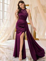 Halter Neck Sequin Floral Lace Contrast Satin Draped Side Split Thigh Evening Party Dress