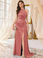 Halter Neck Sequin Floral Lace Contrast Satin Draped Side Split Thigh Evening Party Dress