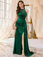 Halter Neck Sequin Floral Lace Contrast Satin Draped Side Split Thigh Evening Party Dress