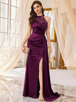 Halter Neck Sequin Floral Lace Contrast Satin Draped Side Split Thigh Evening Party Dress