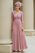 Dusty Rose A-Line V-Neck 3/4 Sleeves Mother of the Bride Dress with Appliques