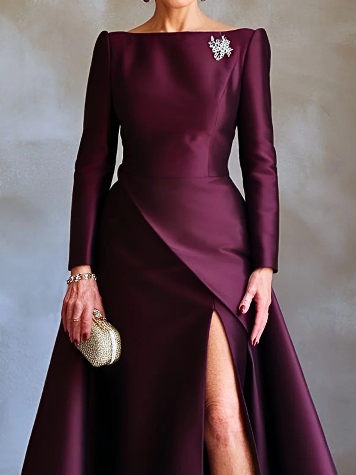 Elegant Plain Slit Off The Shoulder Maxi Dress With Brooch