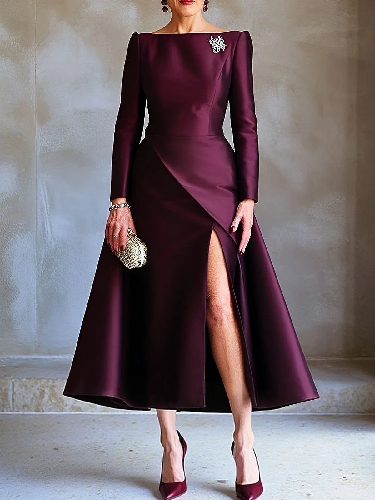 Elegant Plain Slit Off The Shoulder Maxi Dress With Brooch