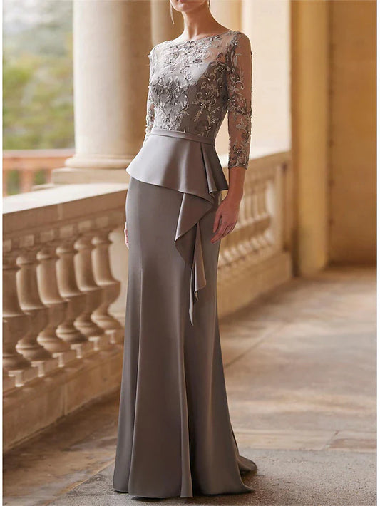 Floor Length Wedding Guest Dress Formal Dresses Evening Gown 3/4 Length Sleeve Half