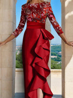 Floor Length Prom Dresses Evening Gown Elegant Glittering 3/4 Length Sleeve