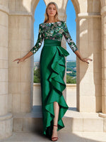 Floor Length Prom Dresses Evening Gown Elegant Glittering 3/4 Length Sleeve