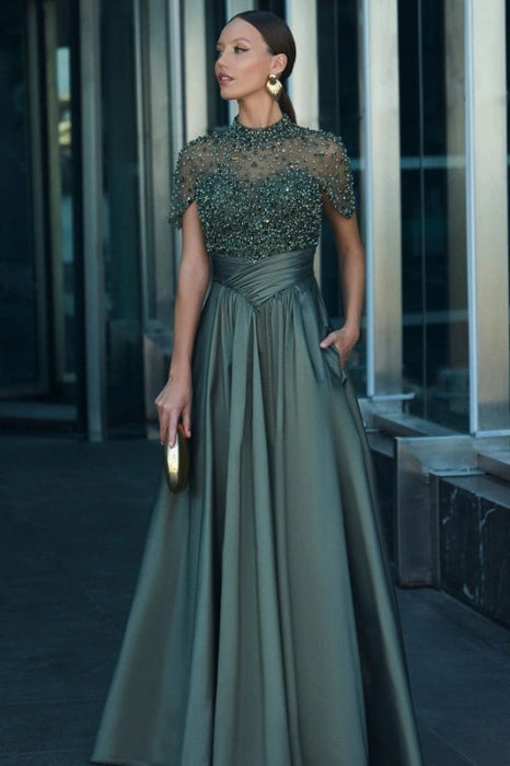 green aline dress Charming Dark Satin Evening Short Sleeves with Beadings Custom Color MOB2503