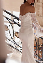 Off-Shoulder Long Sleeves Pleated Sleek Mermaid Wedding Dress