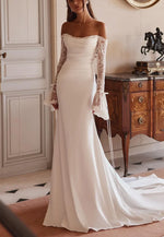 Off-Shoulder Long Sleeves Pleated Sleek Mermaid Wedding Dress