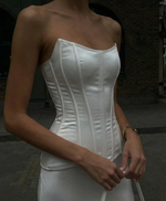 Elegant White Satin Strapless Corset Mermaid Train Formal Gown