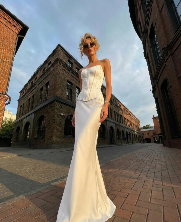 Elegant White Satin Strapless Corset Mermaid Train Formal Gown