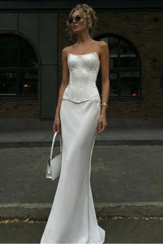 Elegant White Satin Strapless Corset Mermaid Train Formal Gown