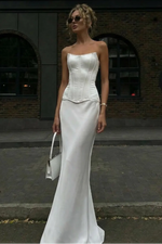 Elegant White Satin Strapless Corset Mermaid Train Formal Gown