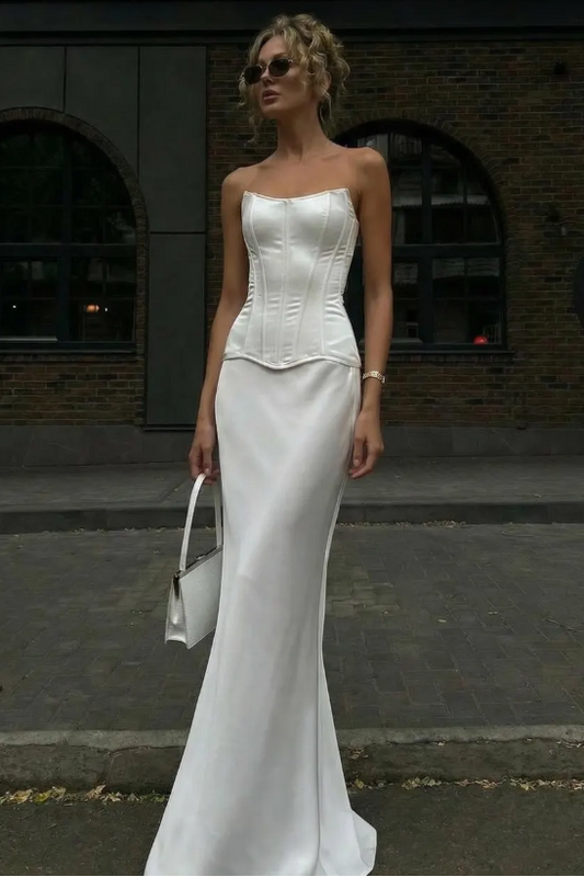 Elegant White Satin Strapless Corset Mermaid Train Formal Gown