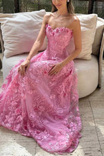 Romantic Pink Strapless 3D Floral Tulle Ballgown Formal Evening Gown