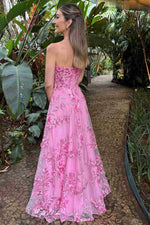 Romantic Pink Strapless 3D Floral Tulle Ballgown Formal Evening Gown