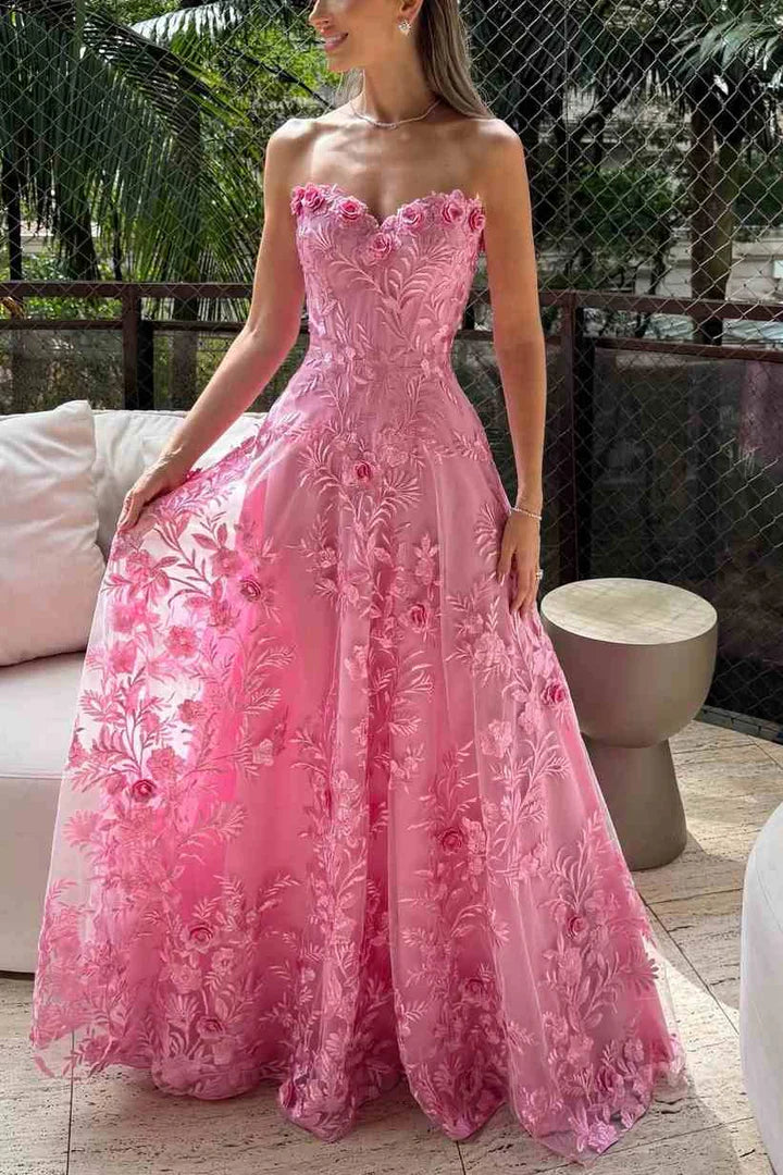 Romantic Pink Strapless 3D Floral Tulle Ballgown Formal Evening Gown