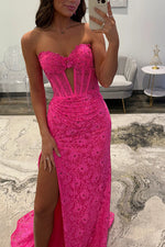 Mermaid Sweetheart Keyhole Hot Pink Lace Long Prom Dresses with Slit
