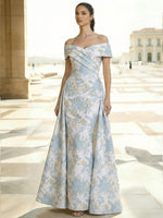 Evening Gown Elegant Floral Jacquard Evening Dress Satin Off the Shoulder Floor-Length Formal Dress With Overskirt