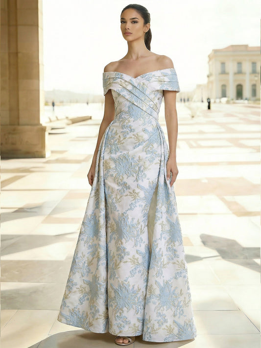 Evening Gown Elegant Floral Jacquard Evening Dress Satin Off the Shoulder Floor-Length Formal Dress With Overskirt