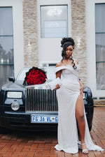 Modern Silver Off-the-Shoulder Sweetheart Mermaid Prom Dress Slit Long With Beadings